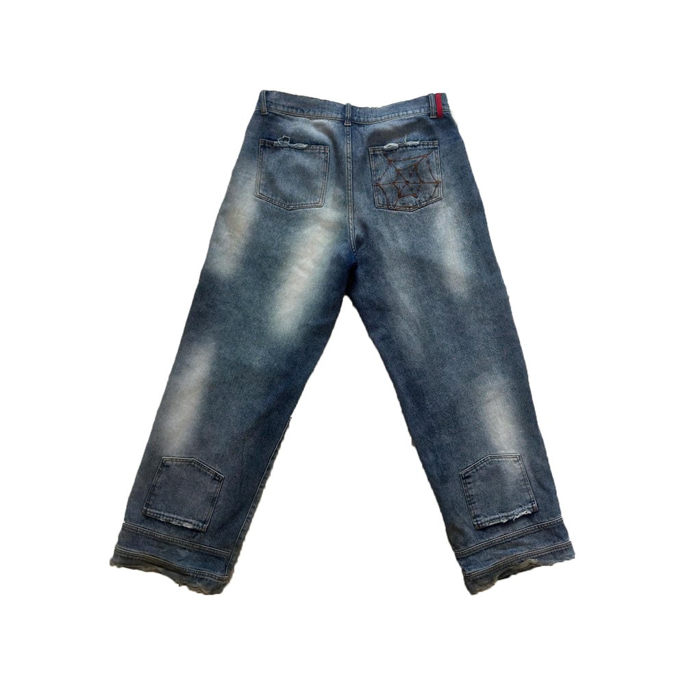 blugi albastri wide fit spate produs denim 13 oz cu efect decolorat