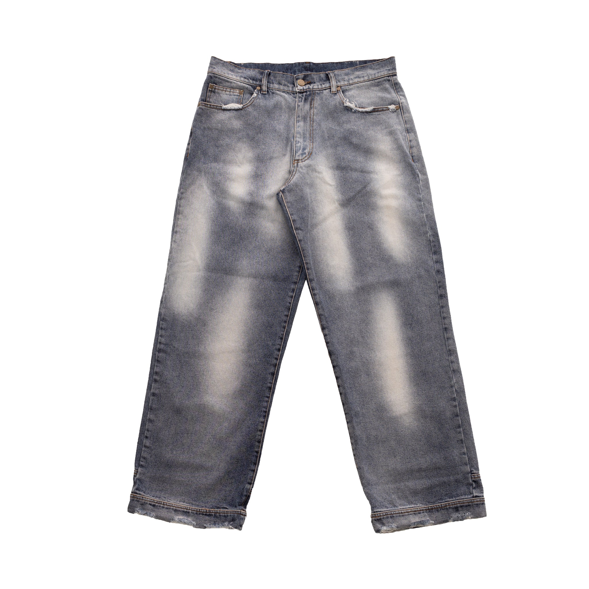 blugi albastri wide fit denim 13 oz fata produs efect stonebleach si decolorare