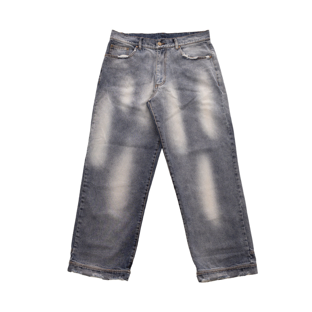 blugi albastri wide fit denim 13 oz fata produs efect stonebleach si decolorare