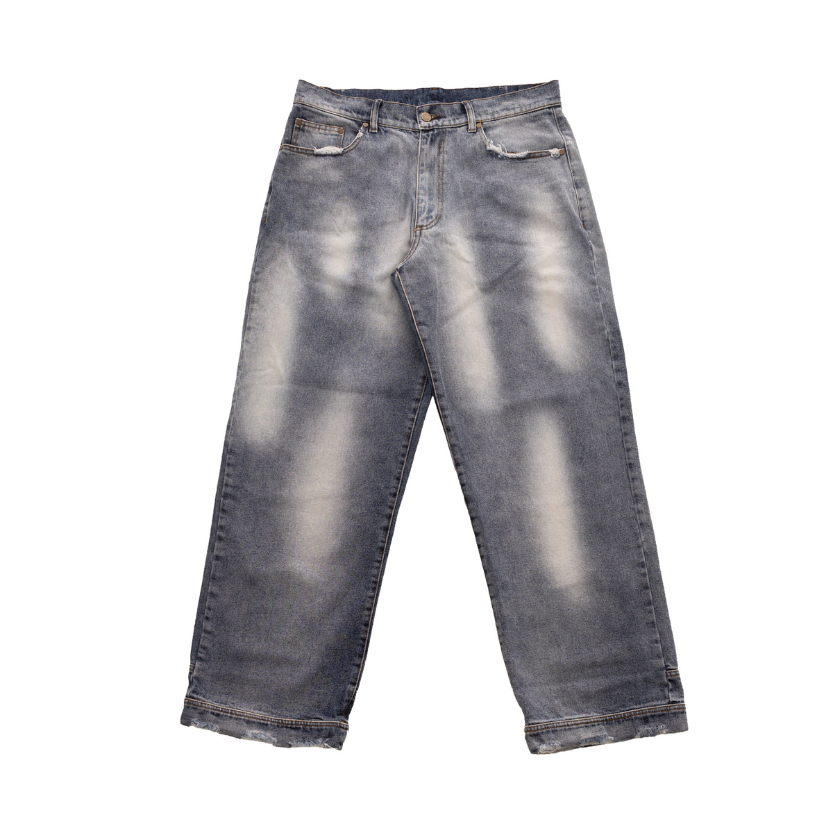 blugi albastri wide fit denim 13 oz fata produs efect stonebleach si decolorare