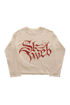 RED GLYPH WHITE LONG TEE crem, tricou oversized 300 GSM din bumbac premium, cu print roșu Glyph distressed pe față – vedere flat lay.