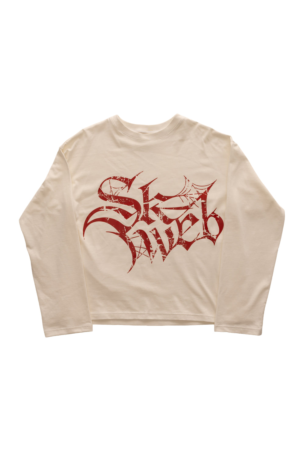 RED GLYPH WHITE LONG TEE crem, tricou oversized 300 GSM din bumbac premium, cu print roșu Glyph distressed pe față – vedere flat lay.