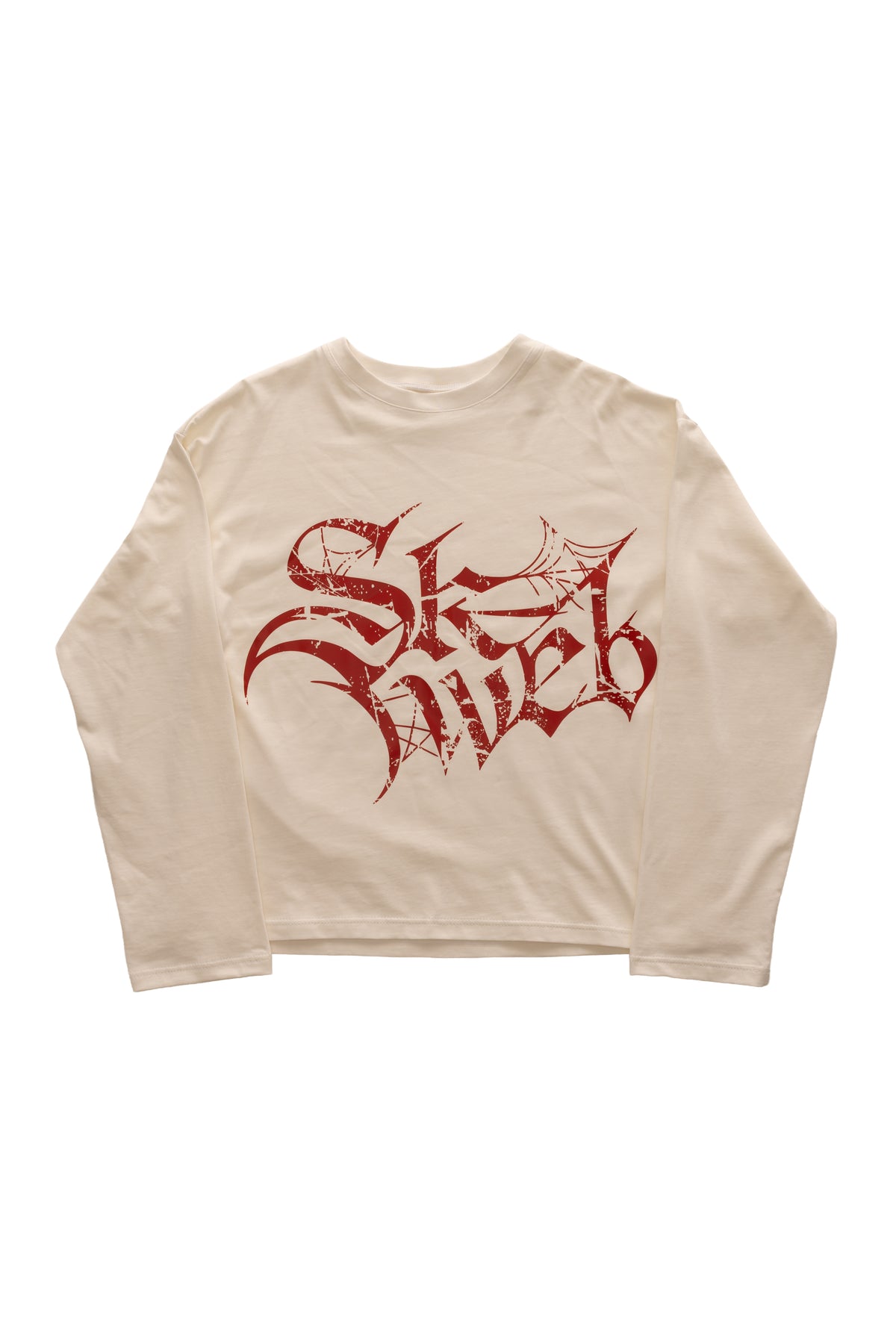 RED GLYPH WHITE LONG TEE crem, tricou oversized 300 GSM din bumbac premium, cu print roșu Glyph distressed pe față – vedere flat lay.