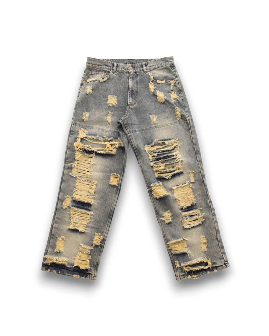 Distressed light-wash blue denim jeans with heavy rips and frayed detailing on both legs, shown flat against a white background.