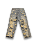 Distressed light-wash blue denim jeans with heavy rips and frayed detailing on both legs, shown flat against a white background.