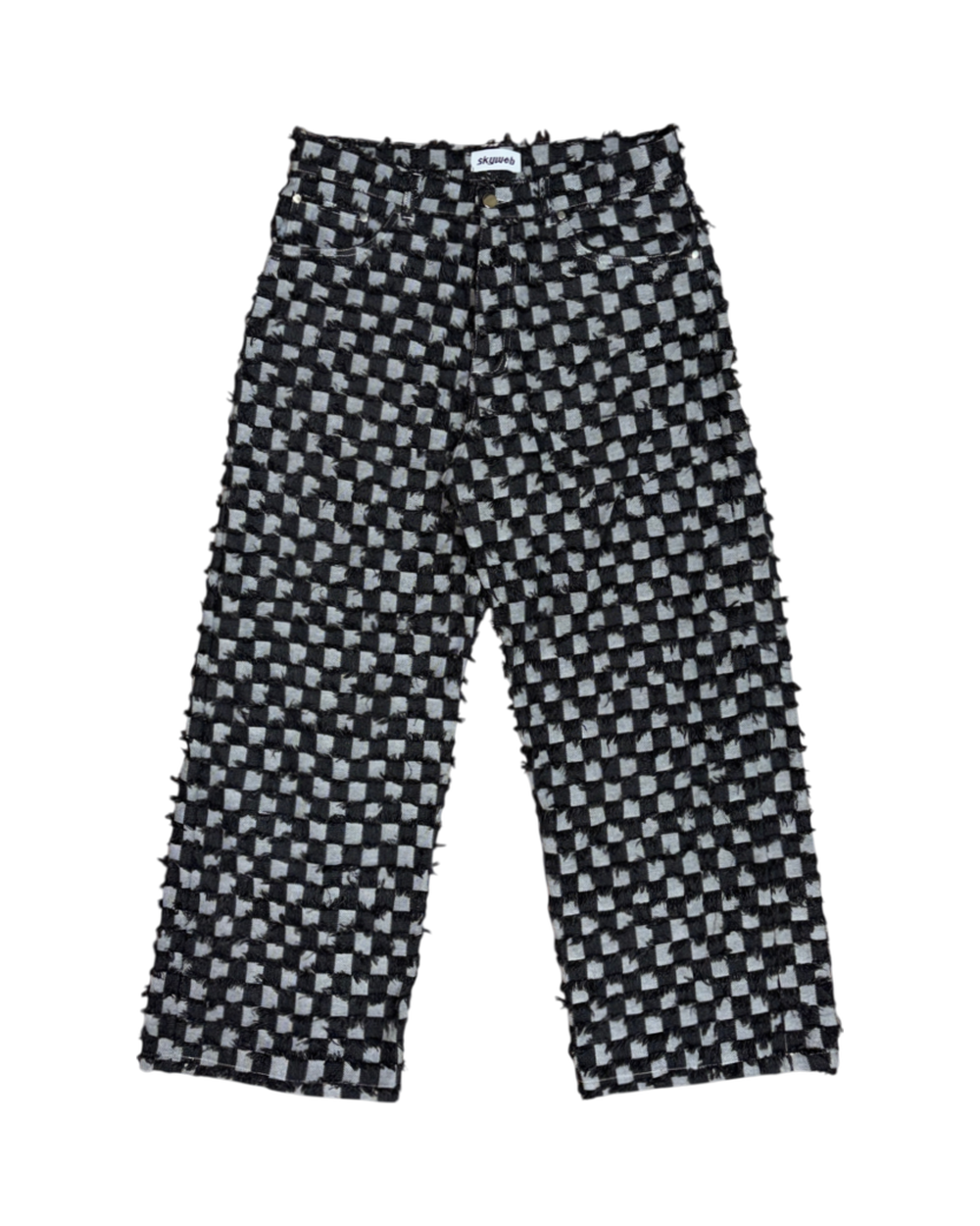 SKYWEB baggy jeans in black and white checkerboard denim with a textured cut and frayed surface and raw hem.