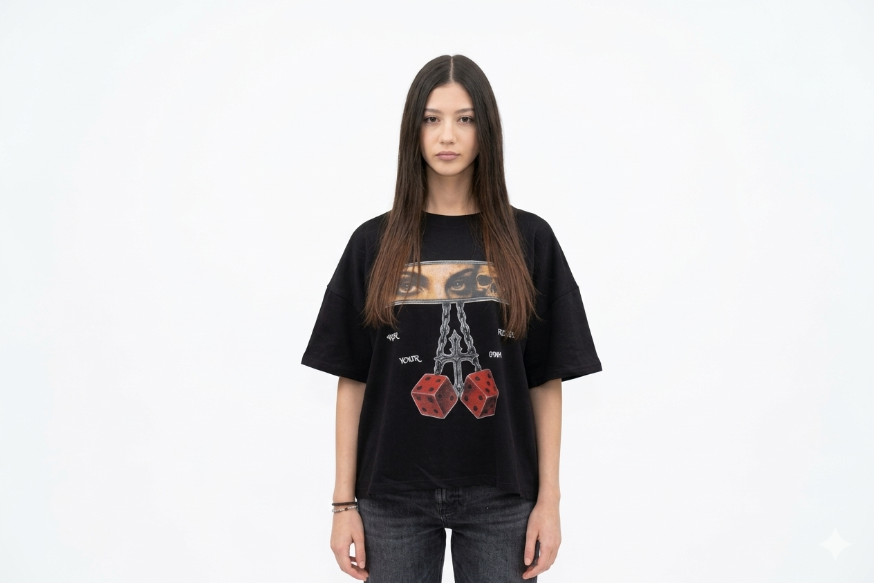 Tricou negru oversized SKYWEB CONFLICT cu print grafic cu zaruri rosii si ochi, vedere frontala, fit larg streetwear