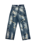 SKYWEB Phantom baggy blue denim jeans with stonewash, paint splatter, and heavy distressing in a relaxed fit.