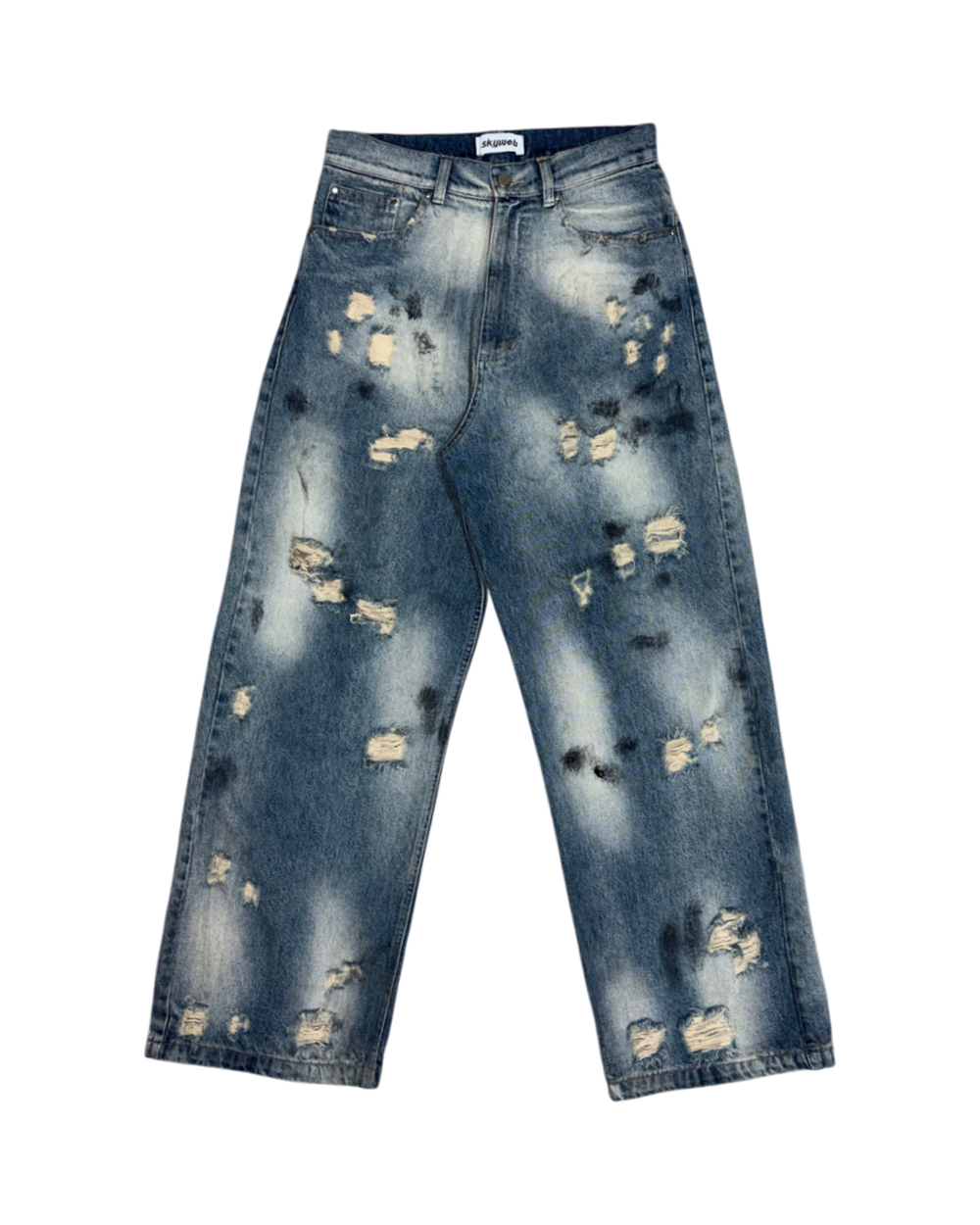 SKYWEB Phantom baggy blue denim jeans with stonewash, paint splatter, and heavy distressing in a relaxed fit.