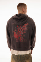 Relic Grey Zip Up Hoodie – vedere spate cu print roșu abstract, hanorac oversized 500 GSM, streetwear premium Skyweb