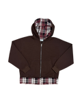 SKYWEB rust oversized zip-up hoodie in french terry with a plaid flannel hood lining and extended patchwork hem.