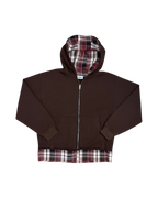 SKYWEB rust oversized zip-up hoodie in french terry with a plaid flannel hood lining and extended patchwork hem.
