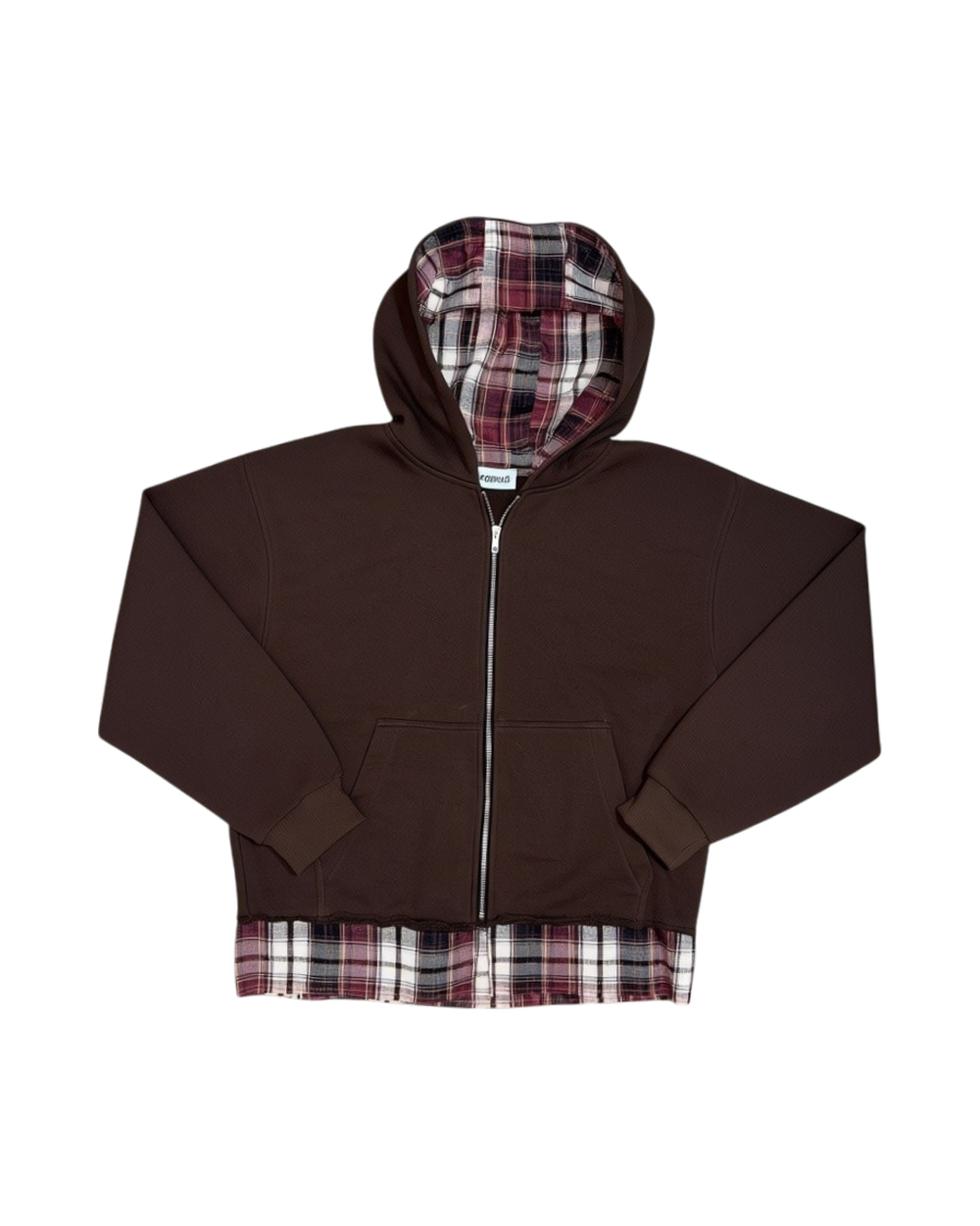 SKYWEB rust oversized zip-up hoodie in french terry with a plaid flannel hood lining and extended patchwork hem.
