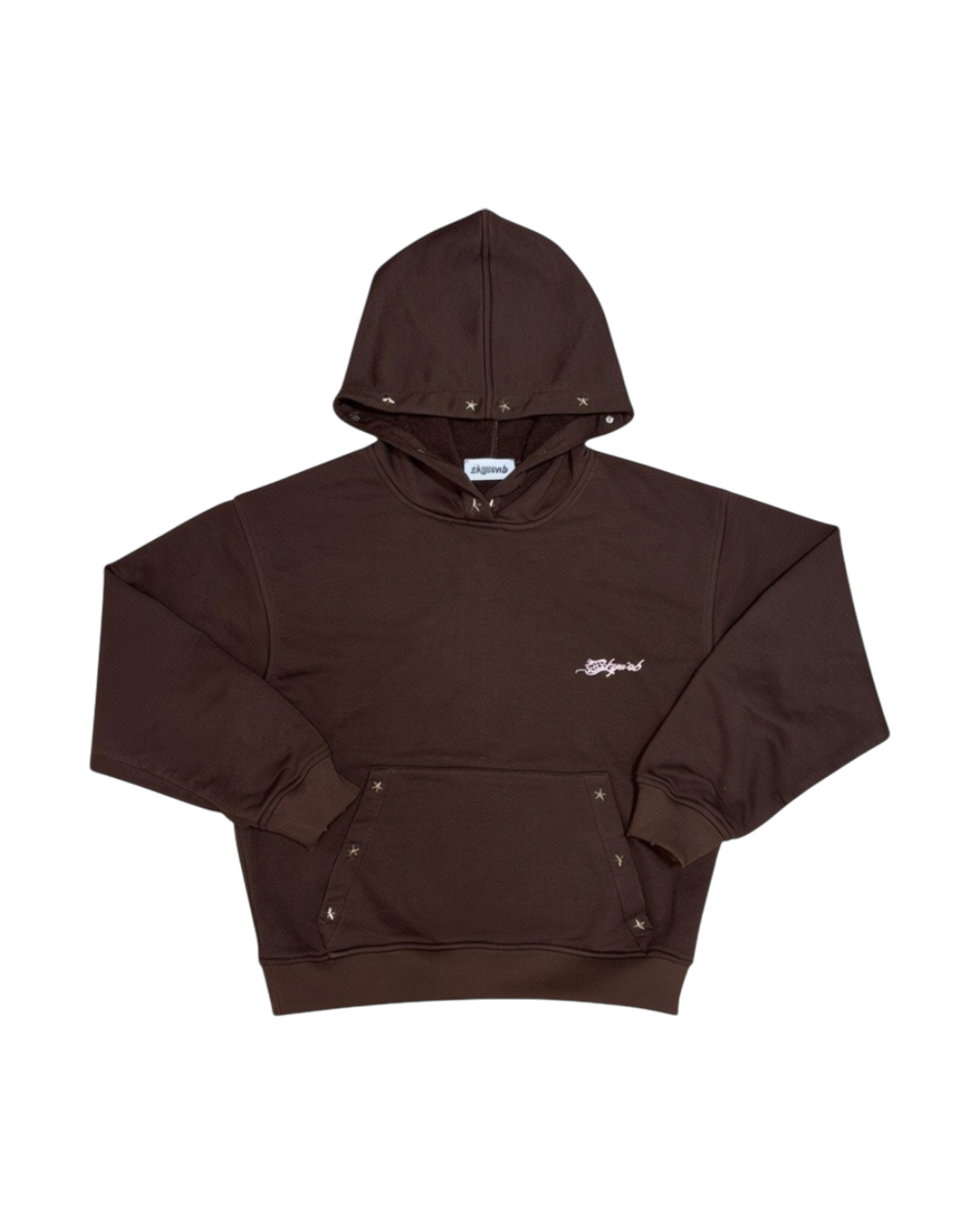SKYWEB boxy oversized rust hoodie in french terry cotton with silver star studs on the hood and kangaroo pocket.