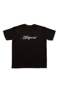 Tricou negru TATTOO Black Tee SKYWEB, oversized, bumbac 100% 300gsm, vedere frontală flat lay cu print alb caligrafic