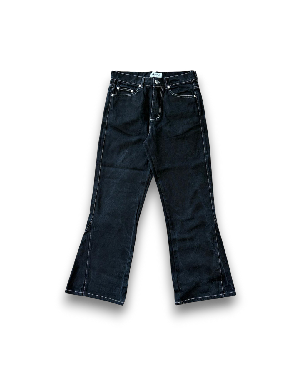 blugi negri flared wide fit denim 13 oz fata produs rinse wash