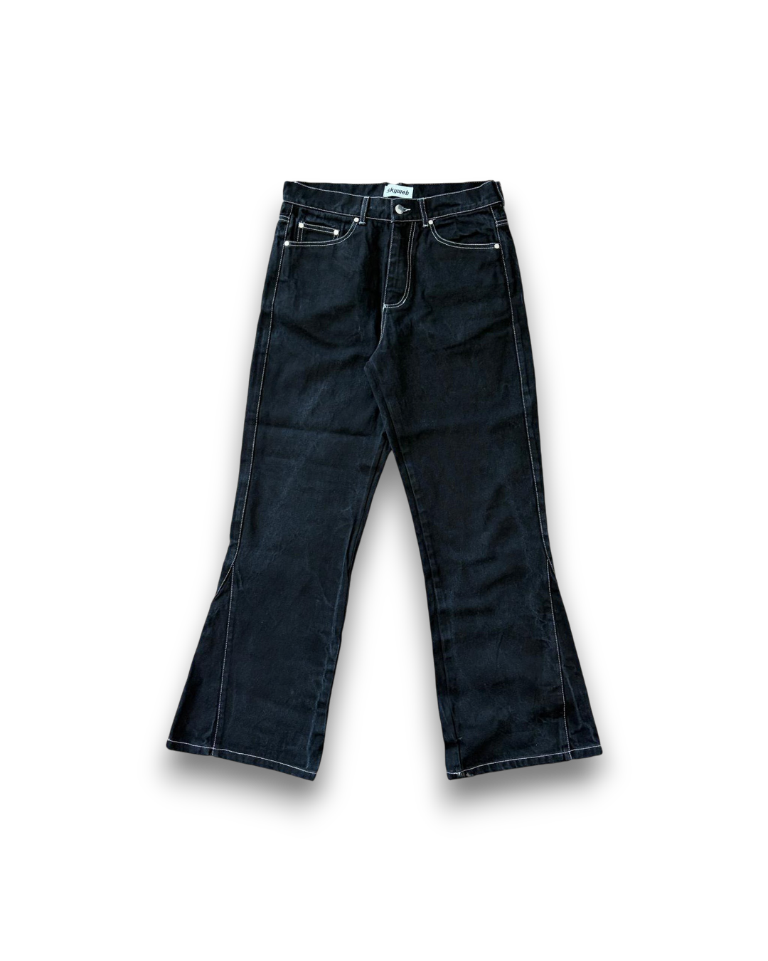 blugi negri flared wide fit denim 13 oz fata produs rinse wash