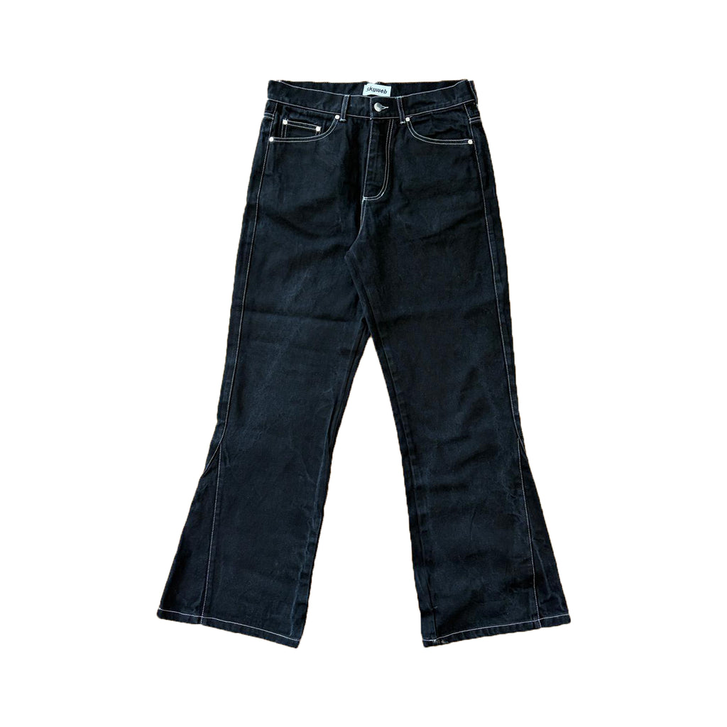 blugi negri flared wide fit denim 13 oz fata produs rinse wash