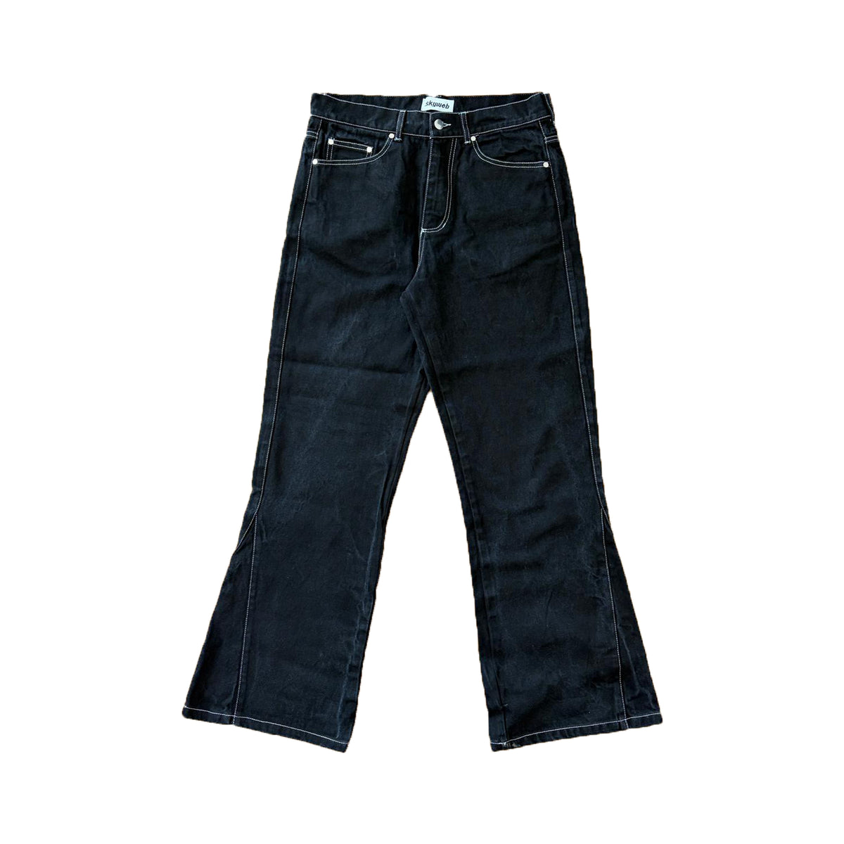 blugi negri flared wide fit denim 13 oz fata produs rinse wash