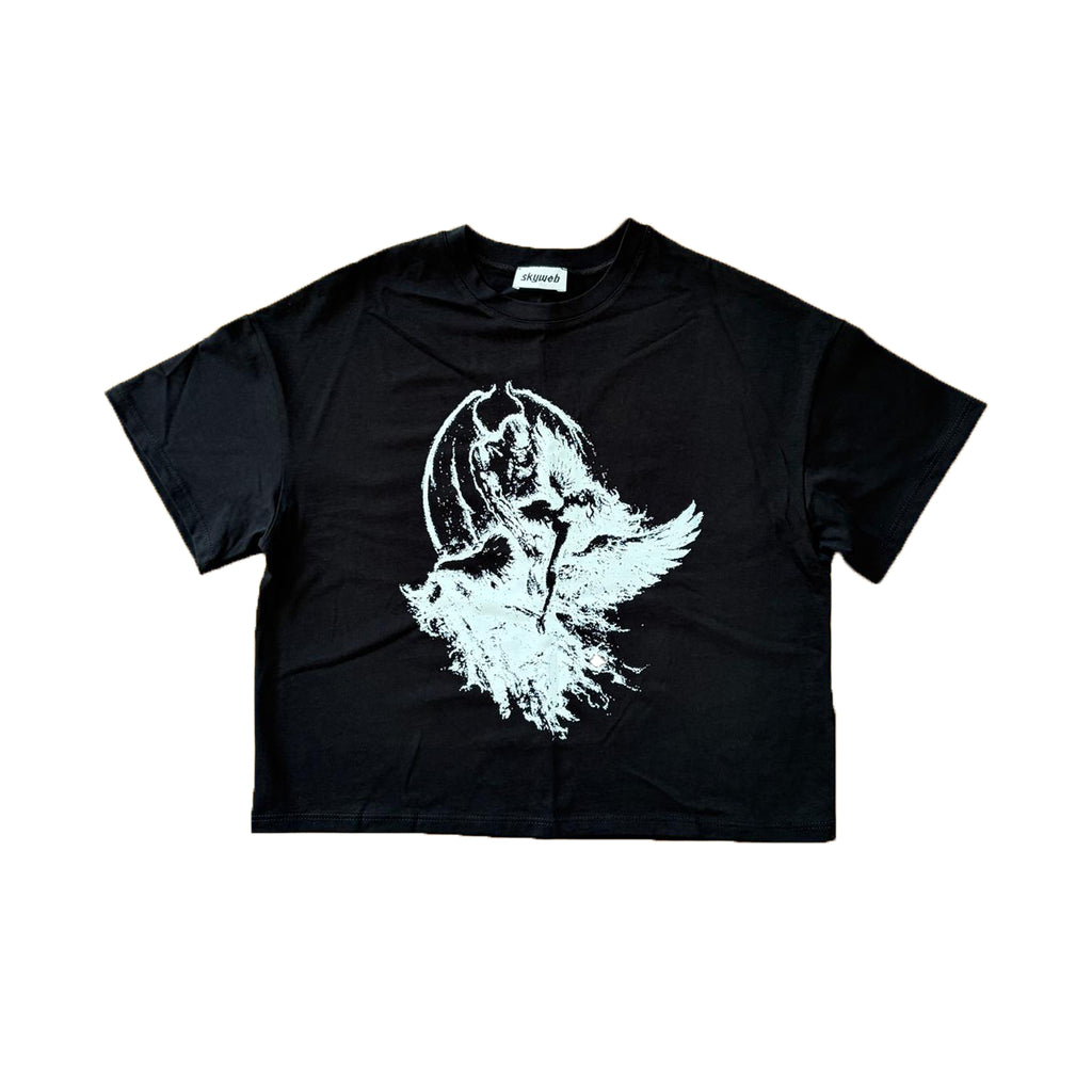 tricou negru boxy 300gsm cu print grafic fallen tee conflict
