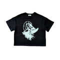 tricou negru boxy 300gsm cu print grafic fallen tee conflict
