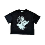 tricou negru boxy 300gsm cu print grafic fallen tee conflict
