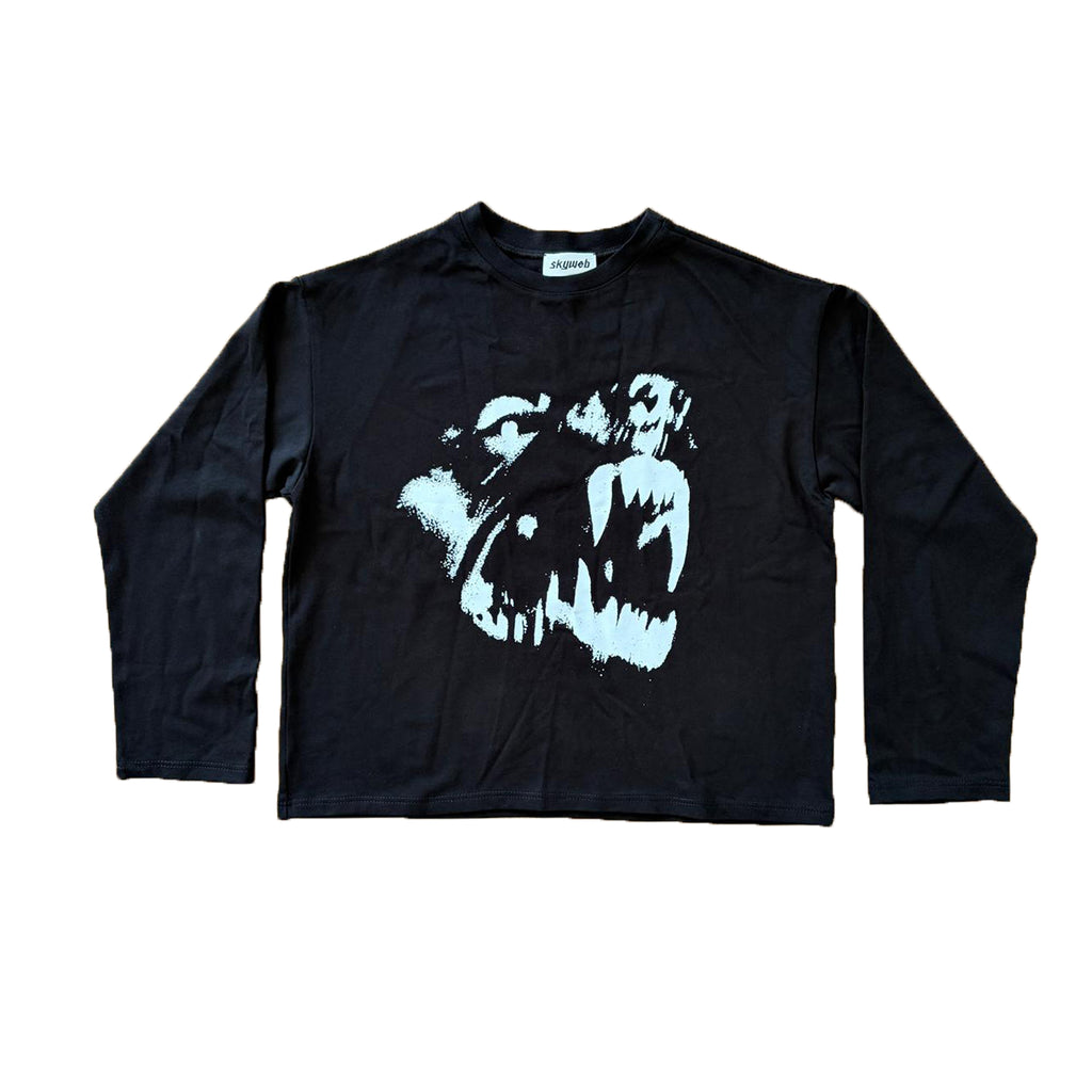 tricou negru maneci lungi boxy 300gsm cu print grafic hound long tee conflict
